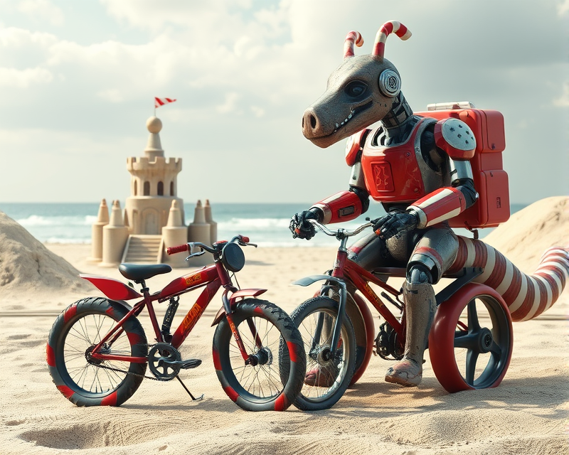 candy cane, tricycle, anteater, robot, sandcastle